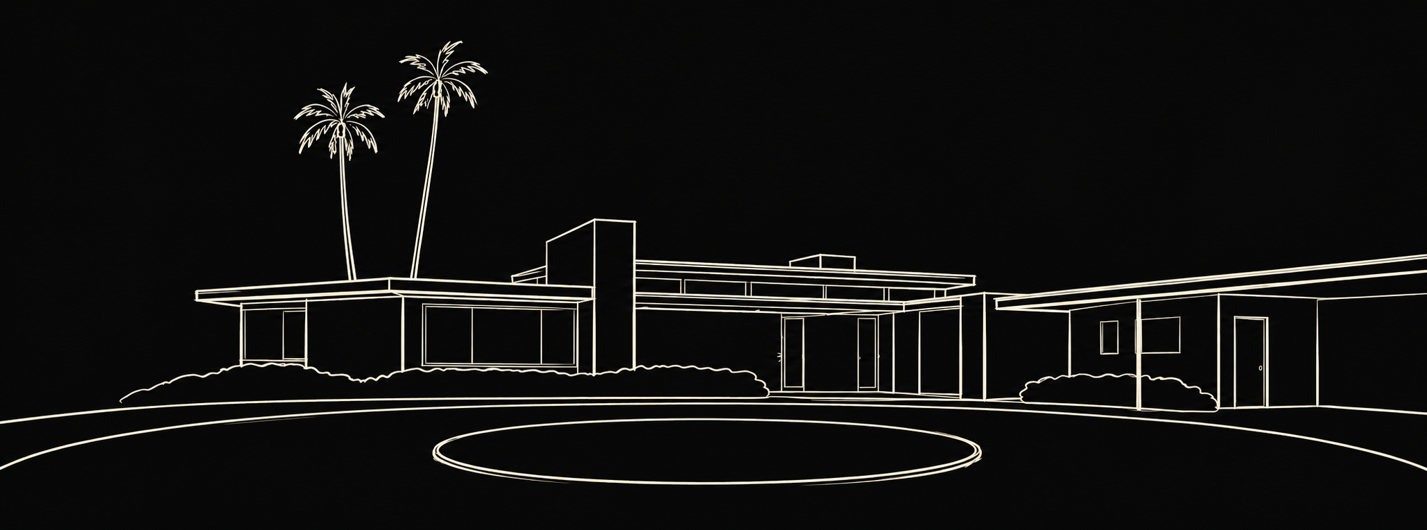 Hand-drawn contour illustration of Frank Sinatra’s Twin Palms house in Movie Colony East, Palm Springs